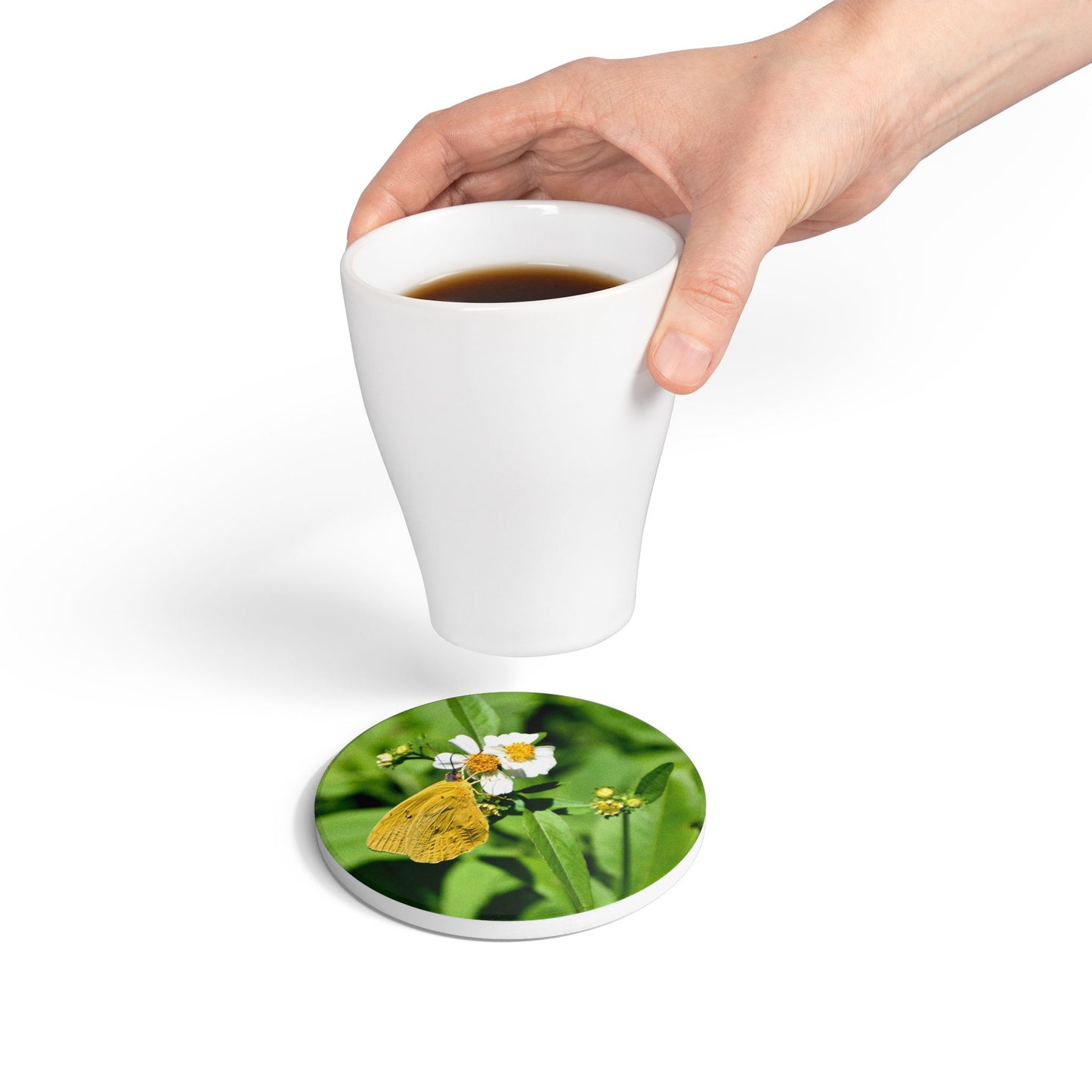 Nature-Inspired Yellow Butterfly & White Flowers Collectible Ceramic Coaster, 1 piece