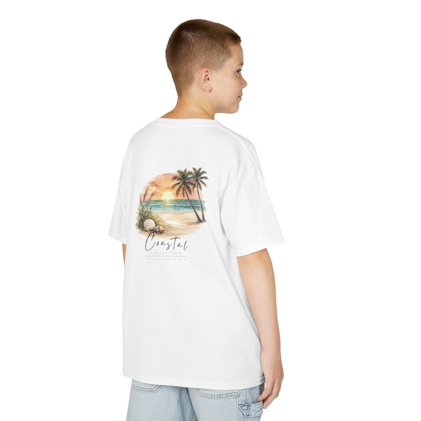 Kids Sunset Beach Scene Back Design T-Shirt — Tropical Palm Tree 'Saltwater State of Mind' Graphic w/ Logo Front (Additional Color)