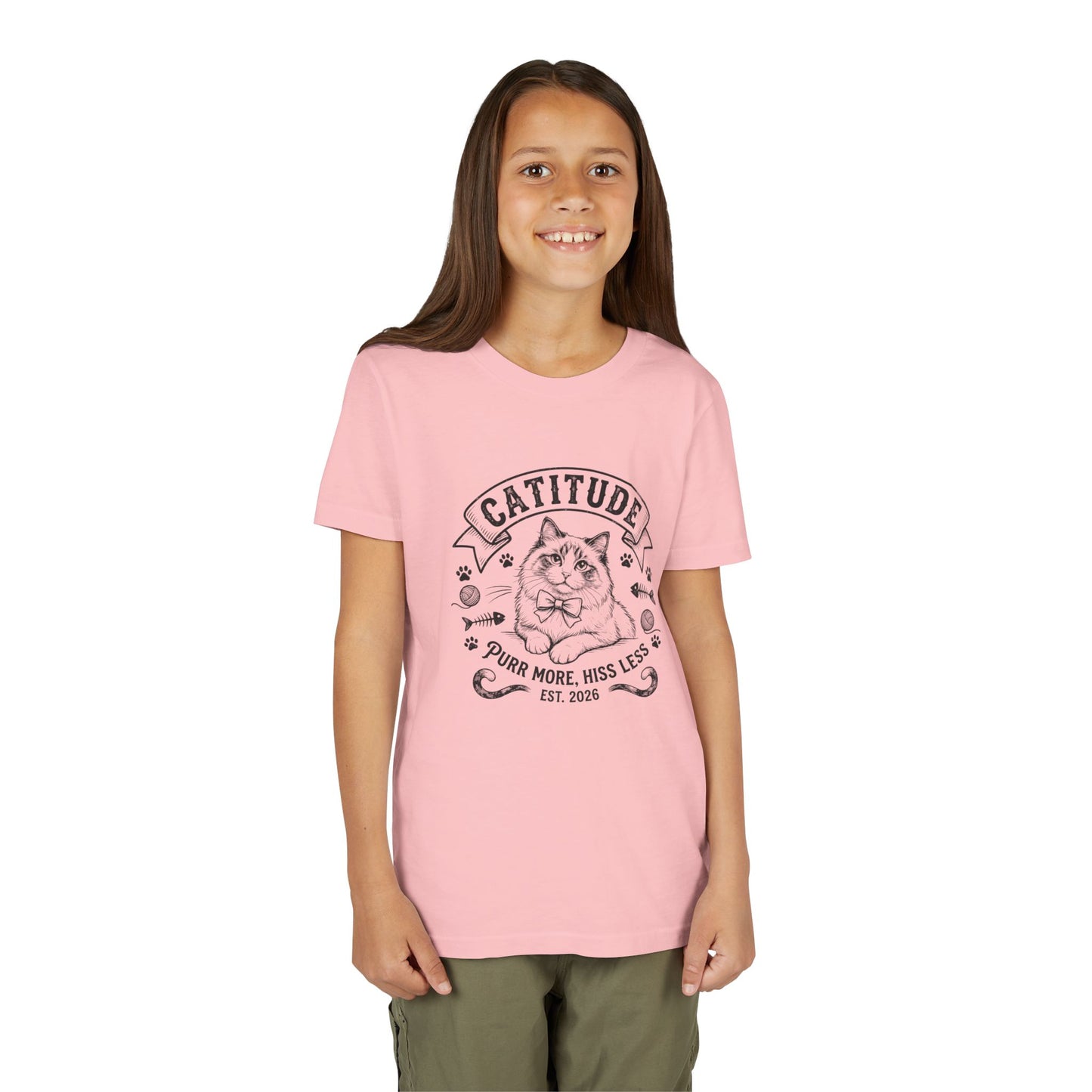 Catitude Youth T‑Shirt - "Purr More, Hiss Less" Cute Cat Graphic Tee for Kids