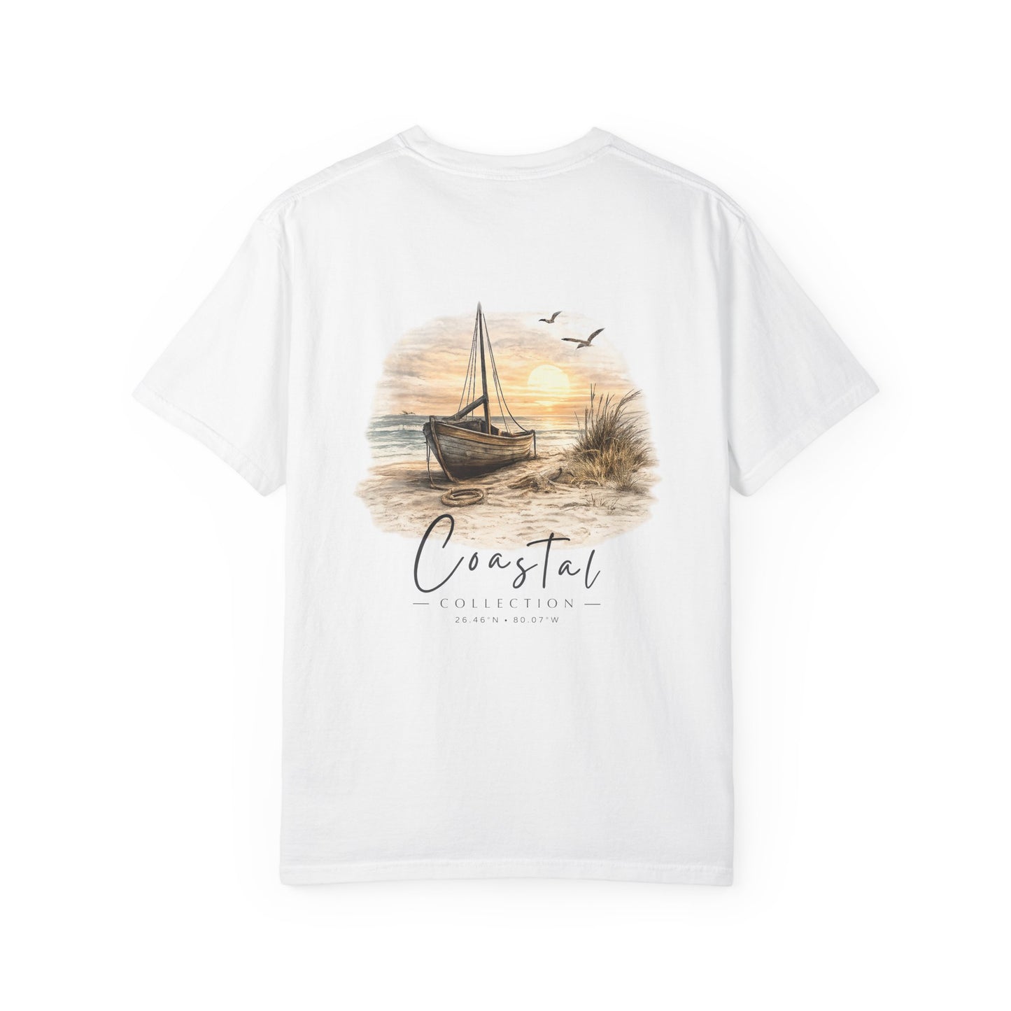 Unisex Adult Beach Sunset Sailboat Back Design T-Shirt — Nautical Coastal Graphic Tee w/ Logo (Additional Color)
