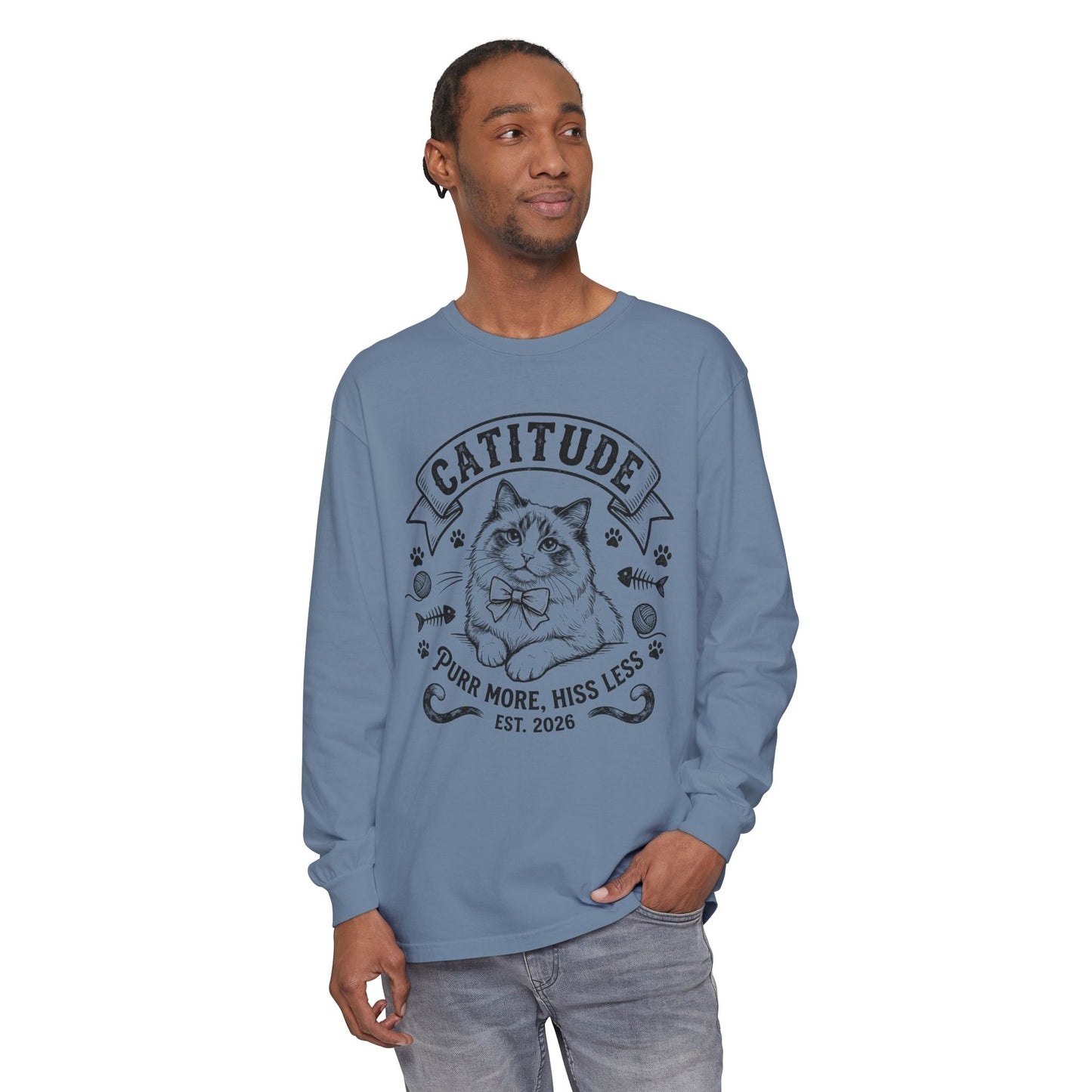 Unisex Catitude Design Long Sleeve Tee — 'Purr More, Hiss Less' Cat Lover Shirt (Additional Colors)
