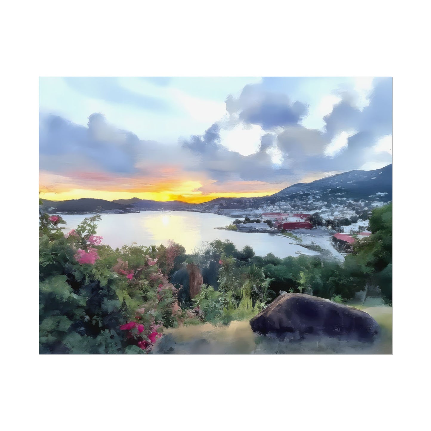 Artistic Scenic Nature Tropical Island Sunset Watercolor-Style Wall Art Print
