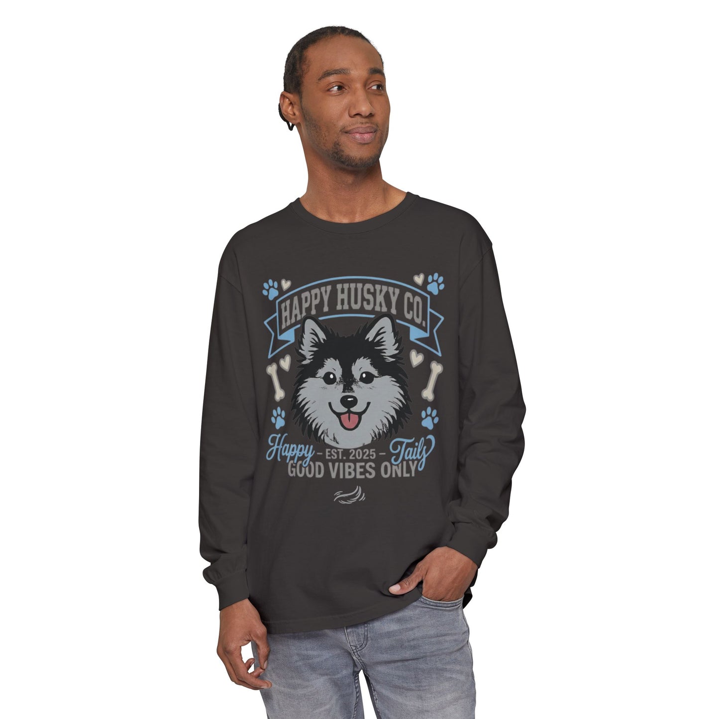 Happy Husky Co. Unisex Long Sleeve Tee — 'Happy Tails, Good Vibes Only' Dog Lover Shirt (Additional Colors)