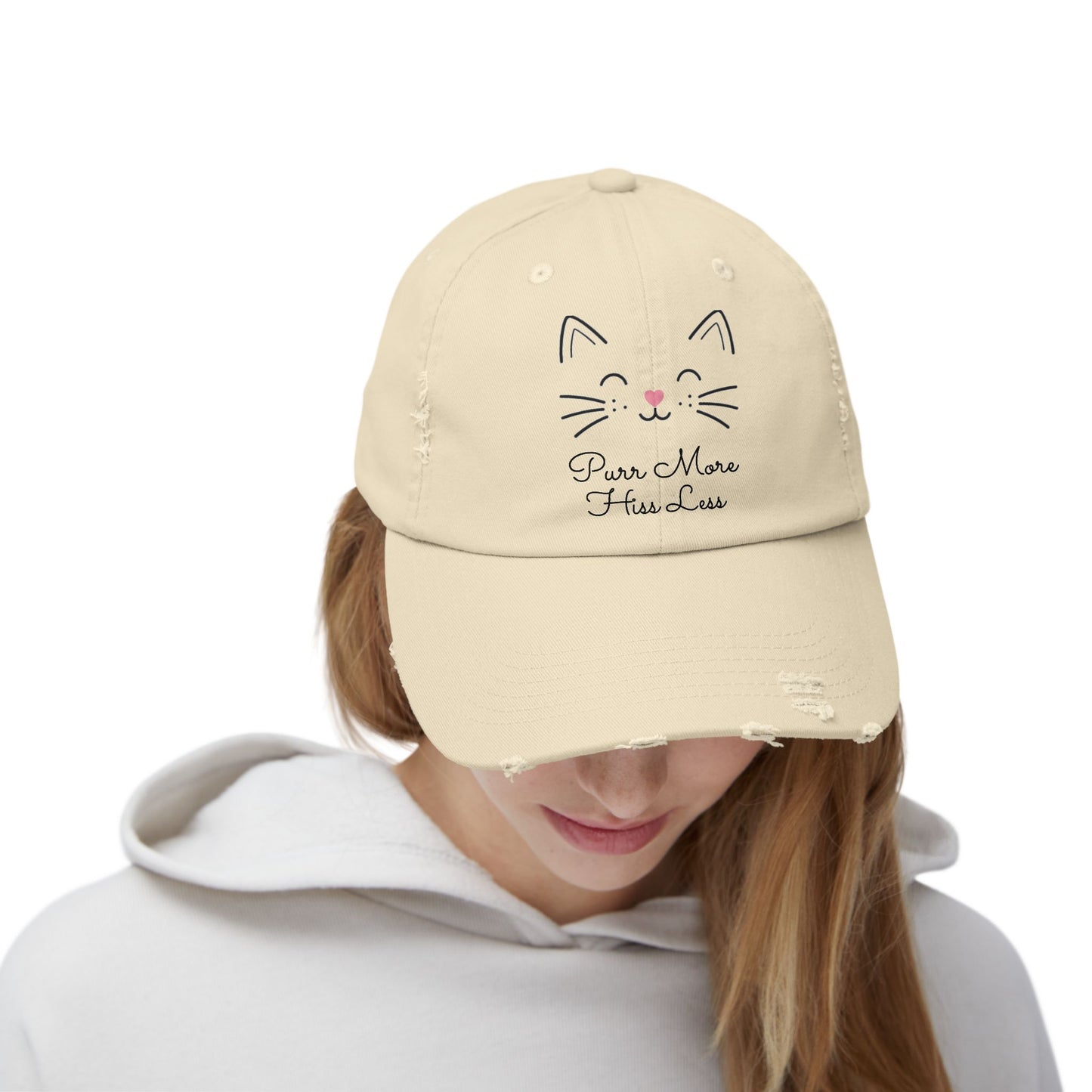 Unisex Cat Face Design Distressed Cap - 'Purr More, Hiss Less' Hat (Additional Colors)