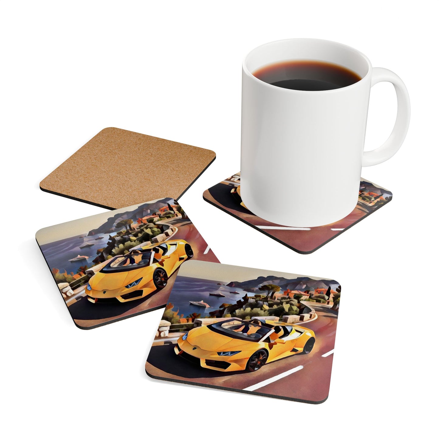 Artsy Yellow Sports Car Coast Corkwood Coaster Set — Scenic Convertible Road Trip Drink Coasters (4-Piece Set)