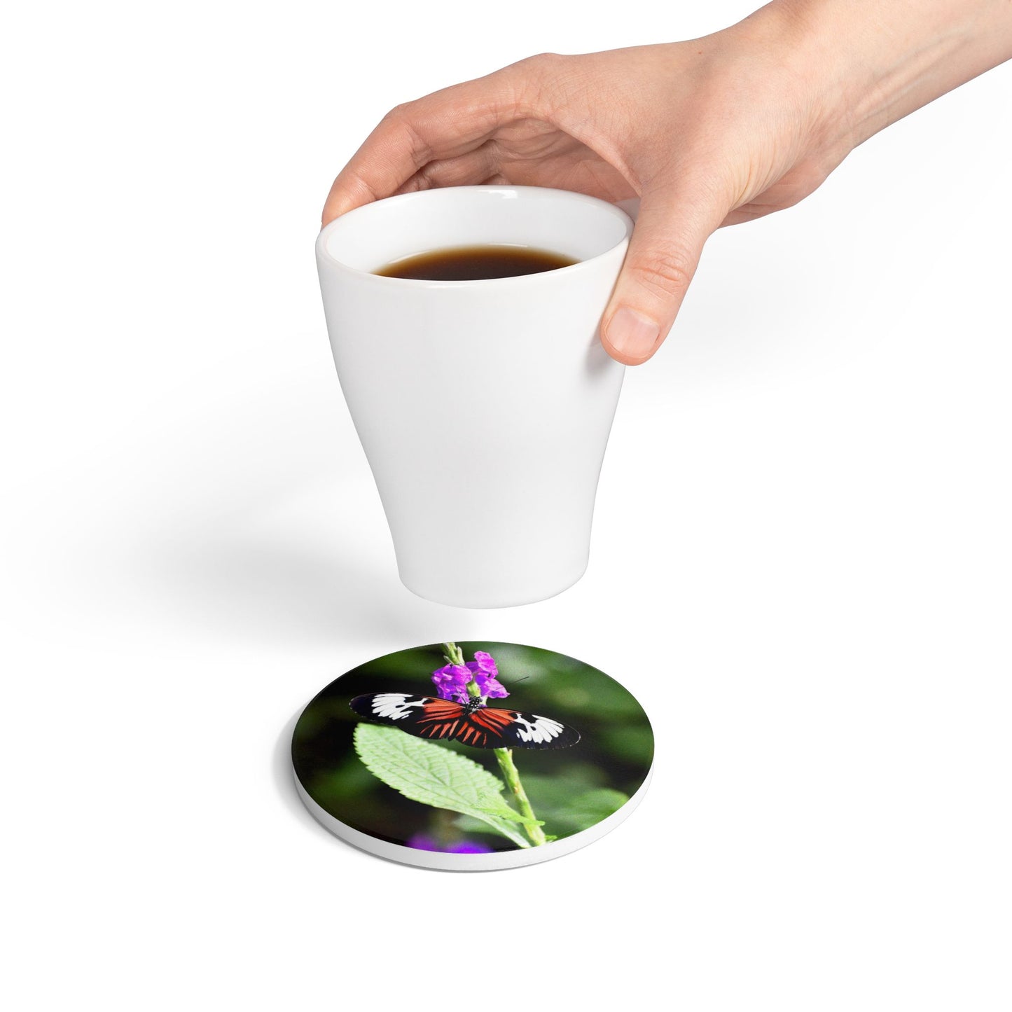 Nature-Inspired Colorful Butterfly and Blossom Collectible Ceramic Drink Coaster, 1 Piece