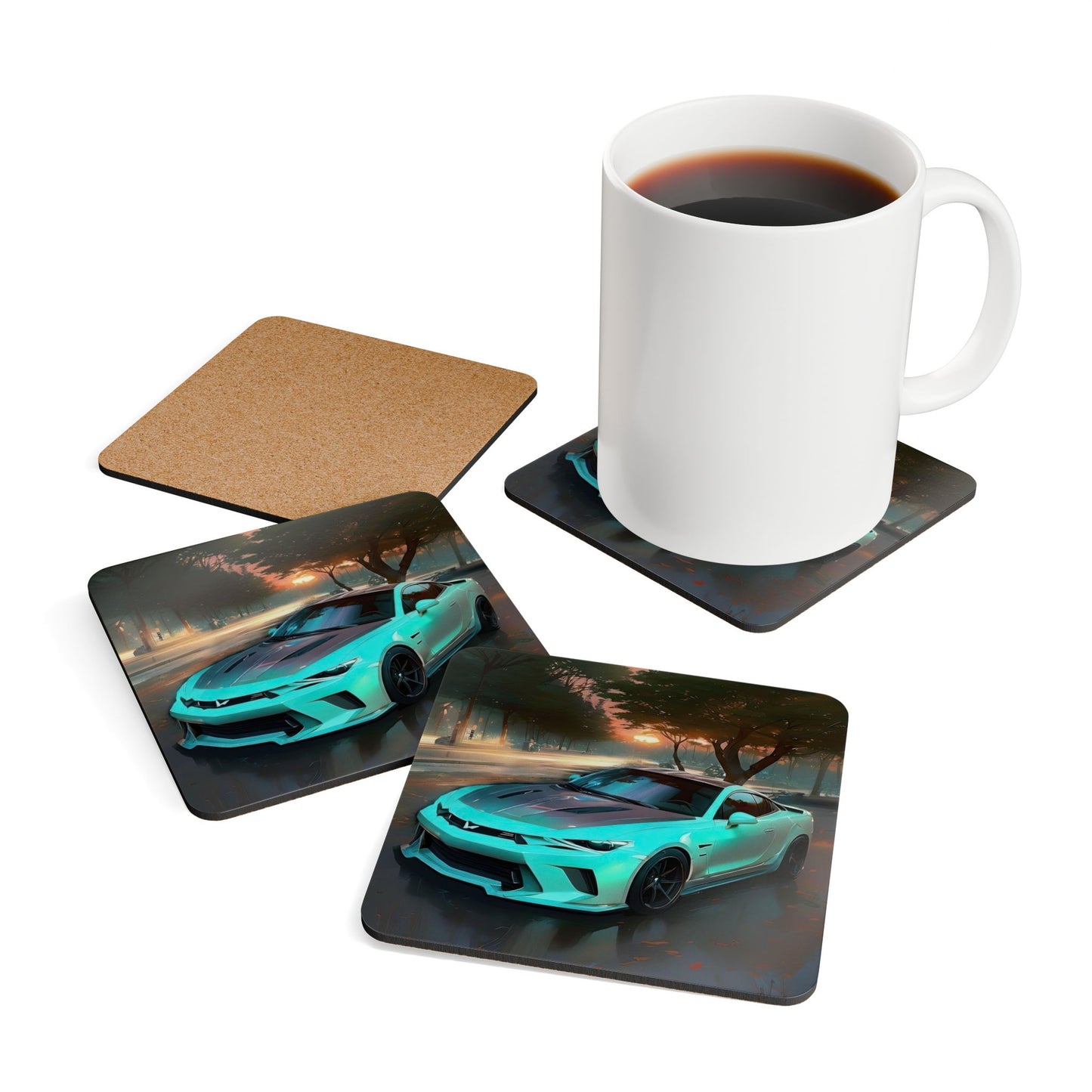 Sunset Scene Teal Camaro Sports Car Theme Cork Drink Coaster Set, (4 Piece)