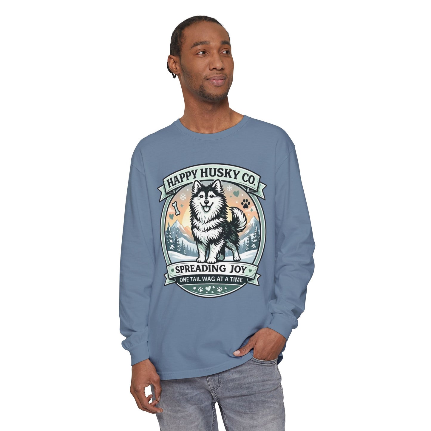 Unisex Colorful Happy Husky Co. Long Sleeve T-Shirt — 'Spreading Joy One Tail Wag At A Time' Graphic (Additional Colors)
