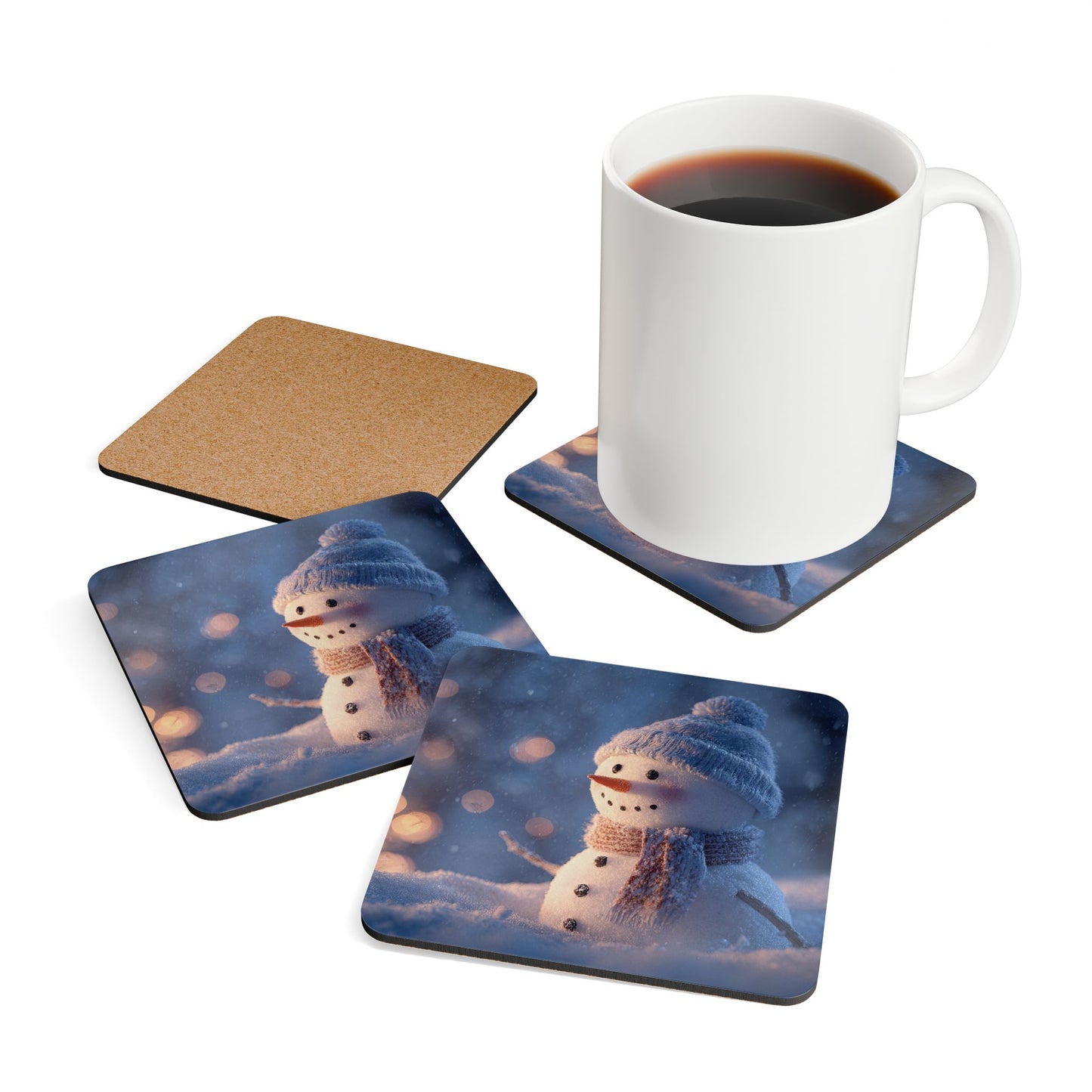 Snowman Winter Cork Drink Coaster Set, (4 Piece)