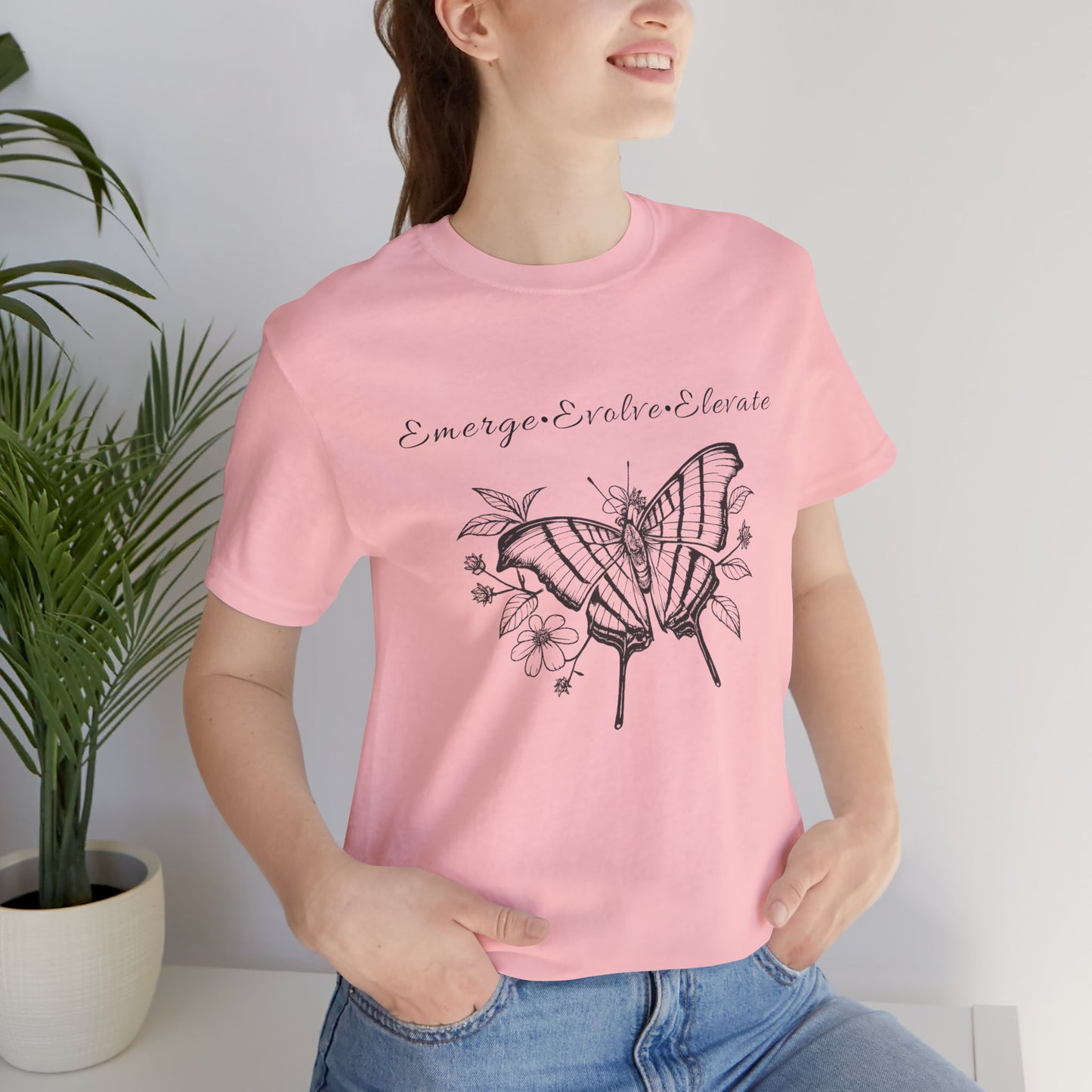 Unisex Adult Butterfly & Flowers Design Short Sleeve Tee - 'Emerge Evolve Elevate' (Additional Colors)