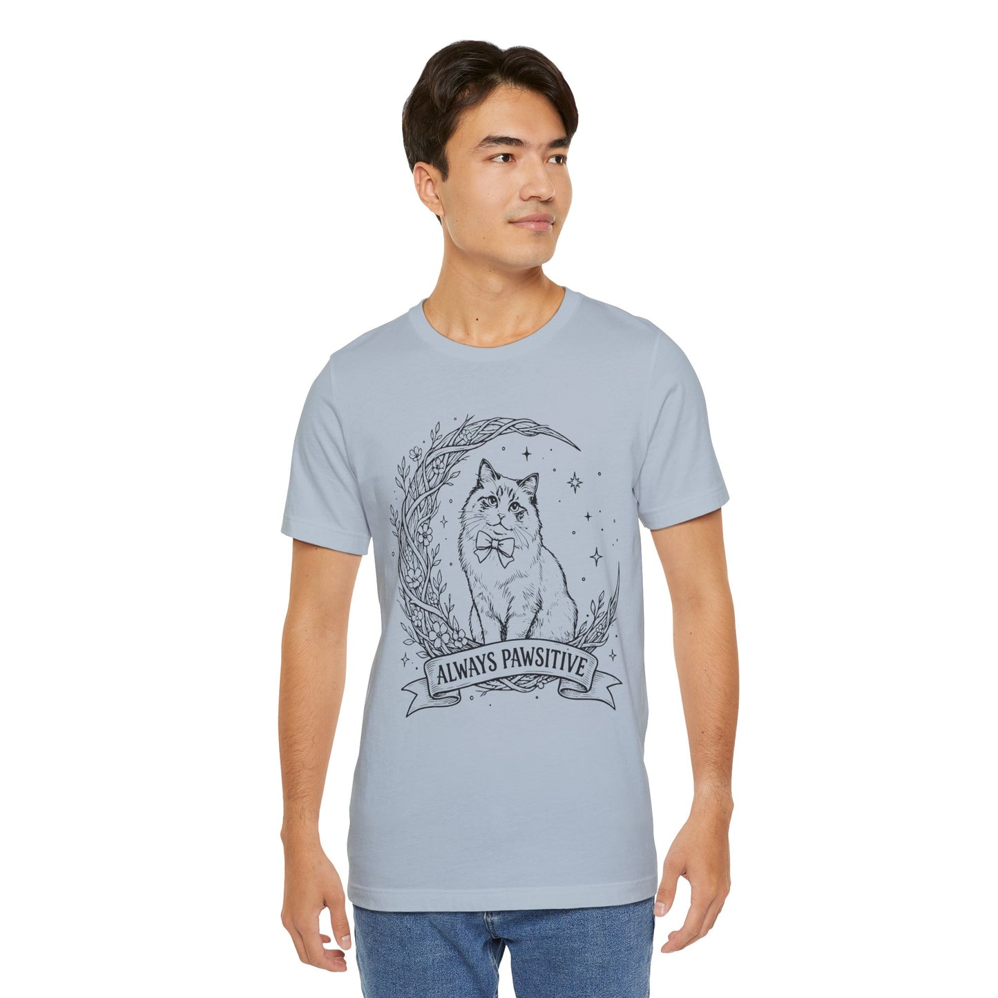 Unisex Adult Cute Cat & Moon Design T-Shirt — “Always Pawsitive” Retro Moon Cat Graphic Tee (Additional Colors)