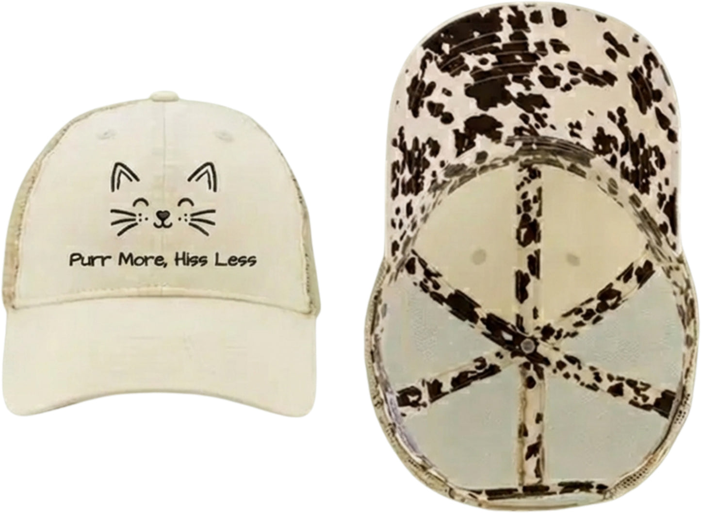 Embroidered Women's Washed Mesh-Back Cat Face Design Cap - 'Purr More, Hiss Less' (Additional Colors)