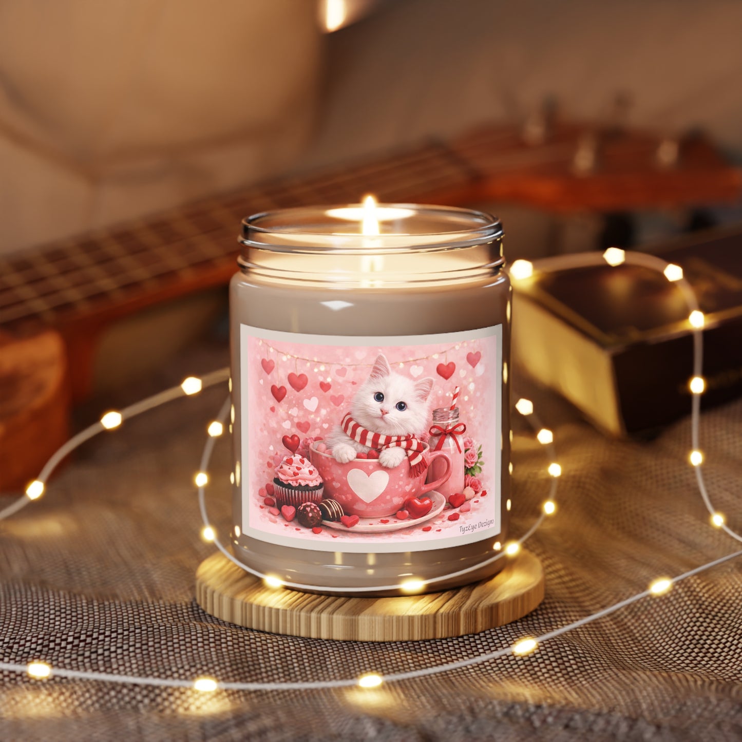 Valentine White Pussycat Soy Candle Clear Jar, Romantic Theme with Cute Cat & Hearts, 9 oz (7.5 net oz, Assorted Scents)