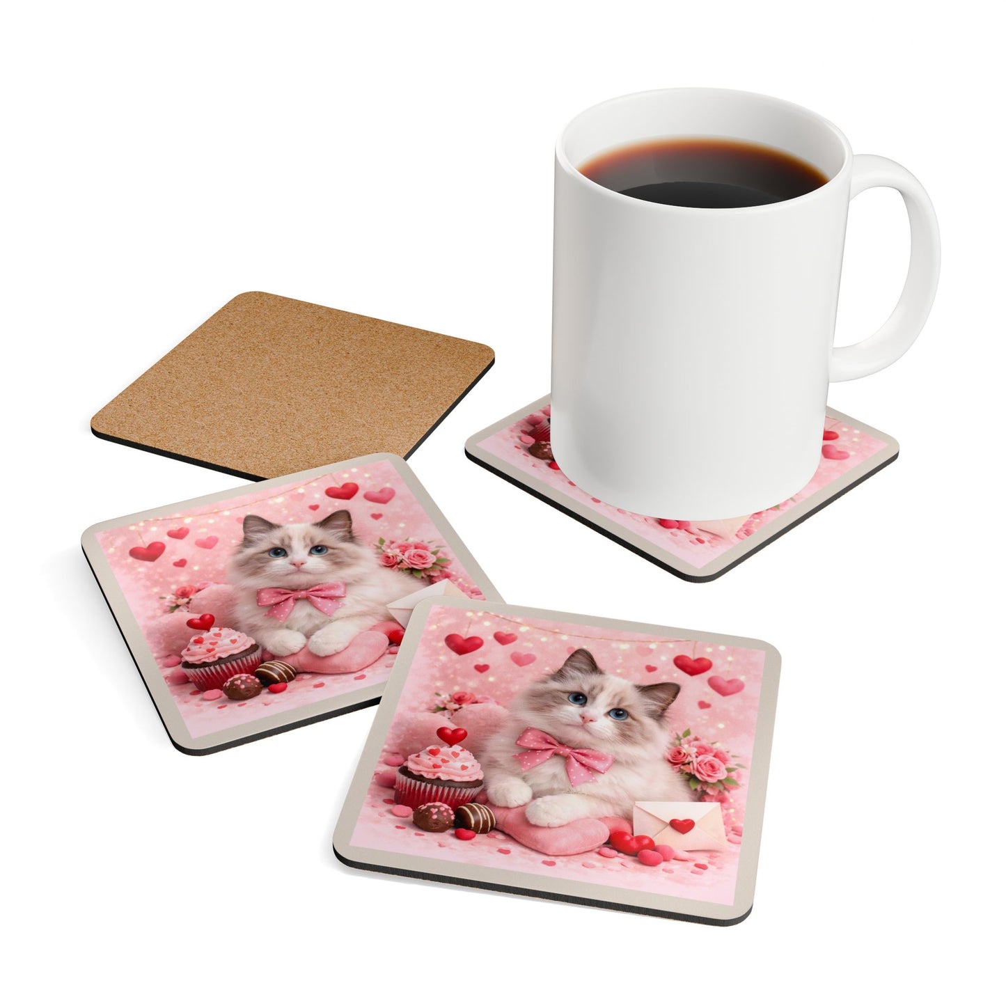 Valentine’s Ragdoll Cat Cork Coaster Set – Cute Pink Hearts & Sweets