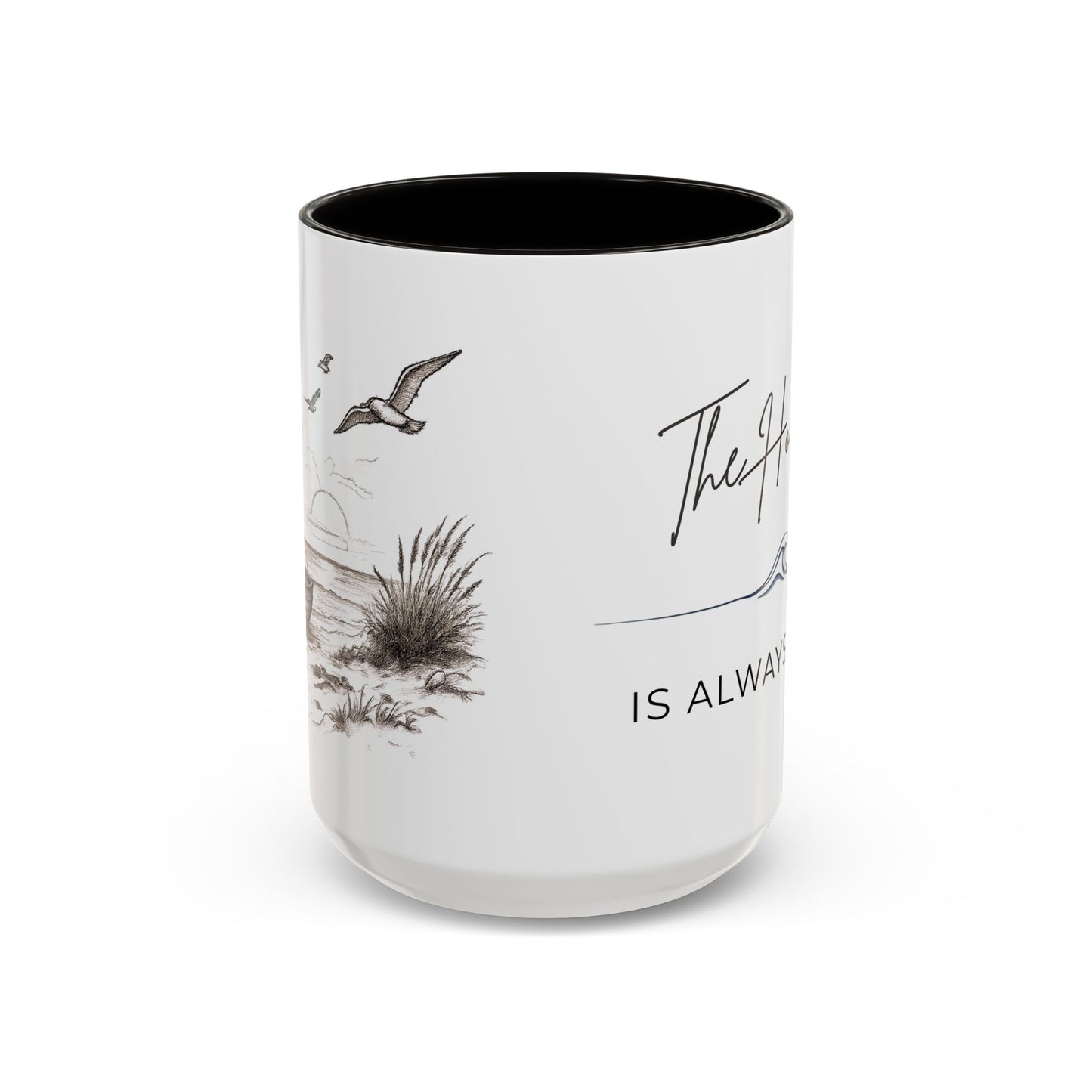 Sailboat, Beach & Horizon Nautical Design Coffee Mug — "The Horizon Is Always There" Coastal Ceramic Black Accent Mug (11oz, 15oz)