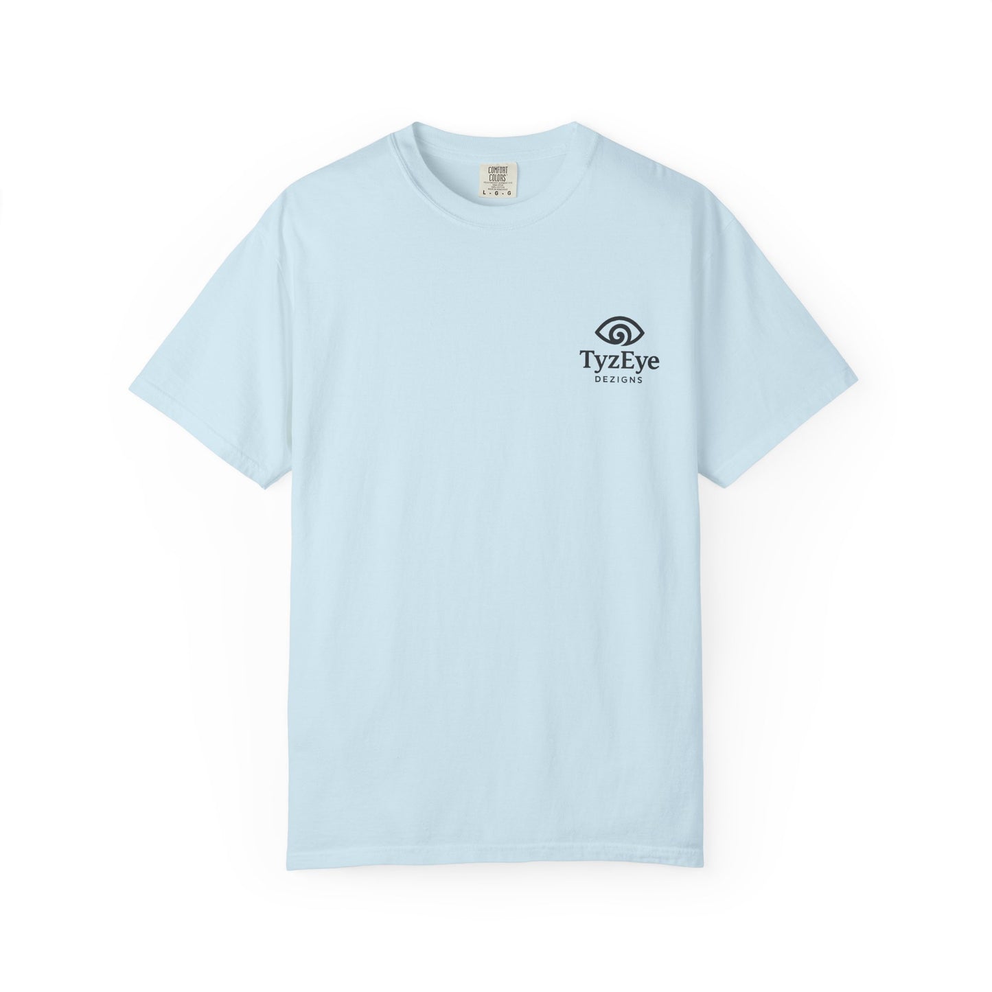 Unisex Adult Sunset Beach Scene II Back Design T-Shirt — Tropical Palm Tree 'Lost In the Horizon' Graphic w/ Logo Front (Additional Color)