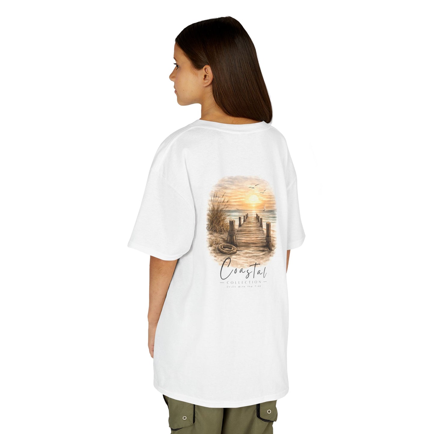 Kids Coastal Weathered Dock Sunrise Back Design Tee - 'Drift With the Tide' Graphic w/ Front Logo (Additional Color)