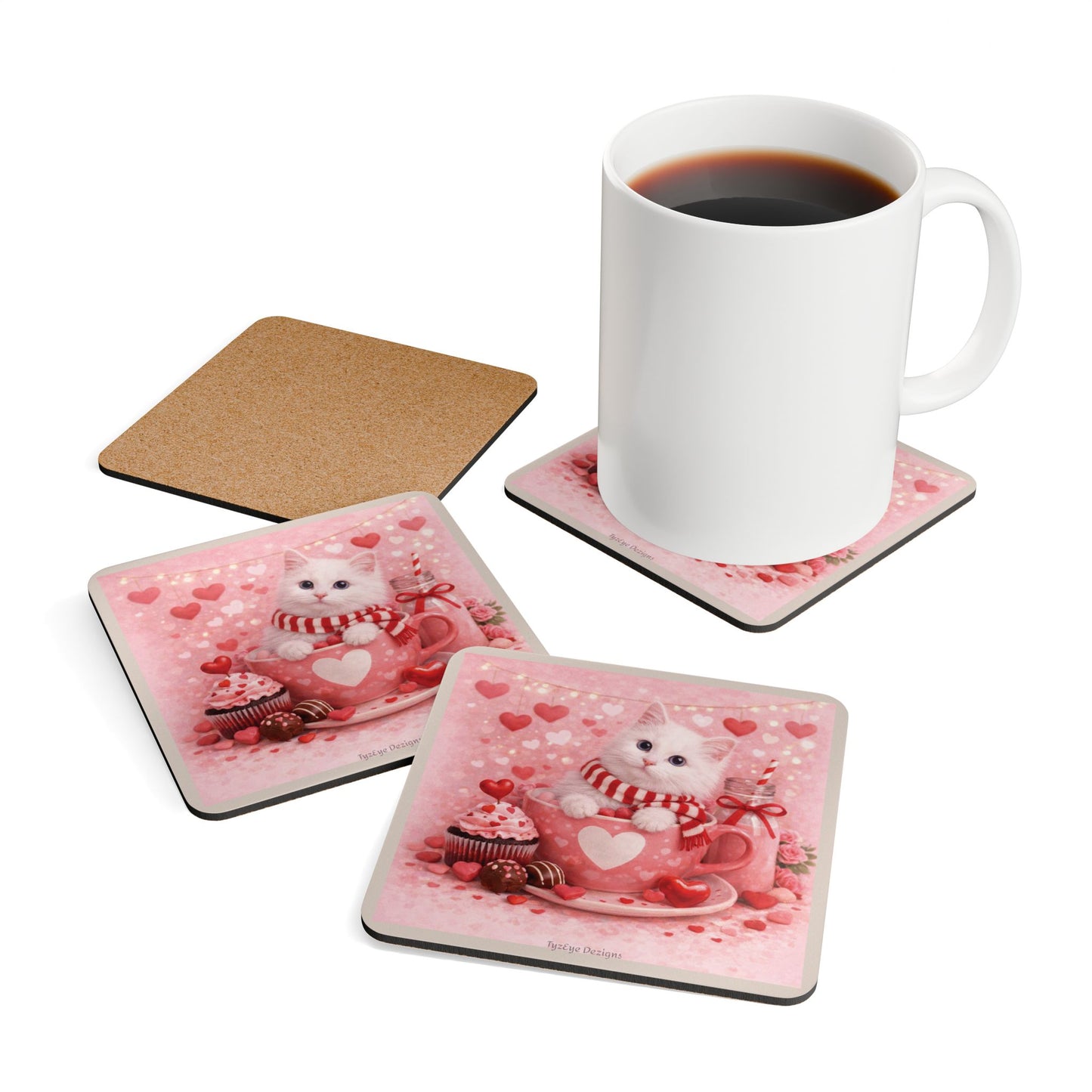 Valentine's Pussycat Design Cork Coaster Set — Romantic Drink Coasters (4 Piece)