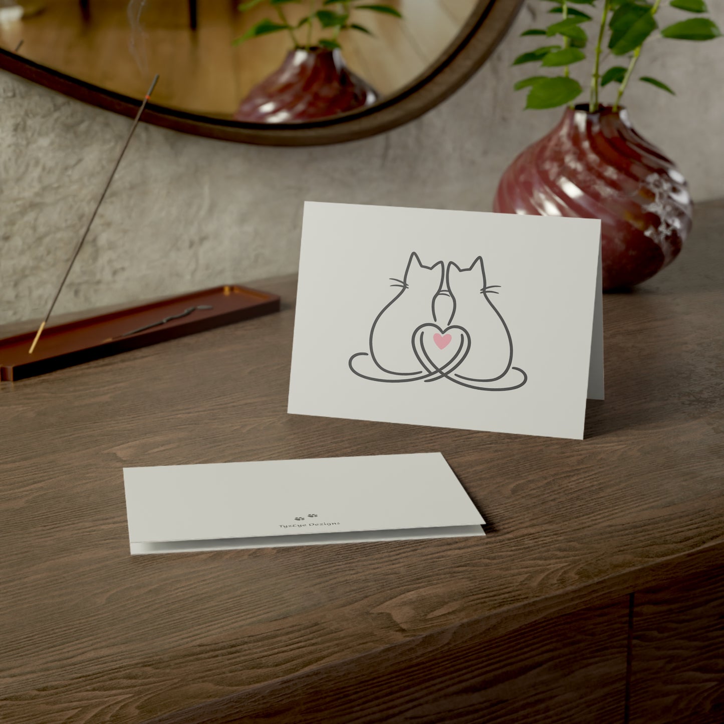 Two Cats & A Heart Greeting Card — 'Purrfect Together, Meow and Always' Note for Couples, Cat Lovers (1/10/30 pcs)