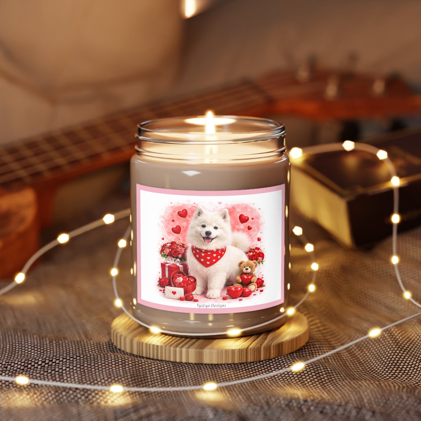 Valentine Samoyed Pup Soy Candle Clear Jar, Romantic Theme with Cute Dog & Hearts, 9 oz (7.5 oz net wax, Assorted Scents)