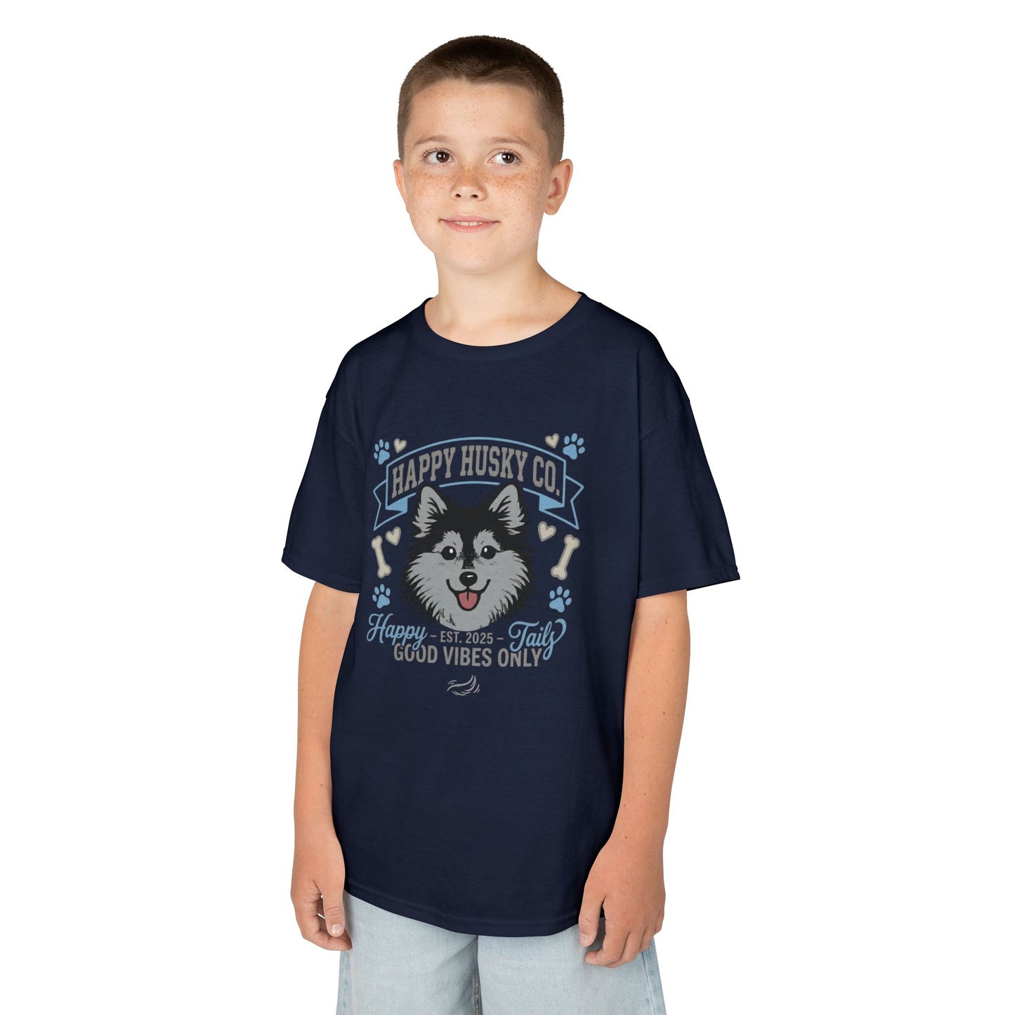 Kids Happy Husky Co. 'Happy Tails, Good Vibes Only' Tee — Puppy Graphic Shirt (Additional Colors)