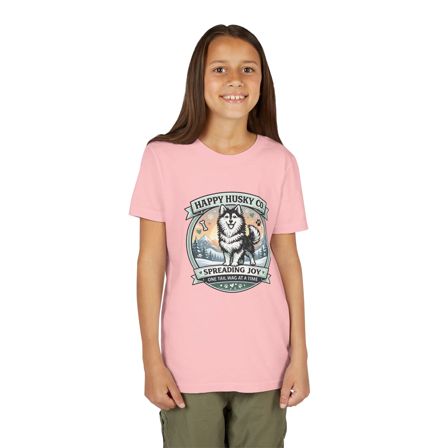 Youth Tee Happy Husky Co. 'Spreading Joy' Kids Short Sleeve Shirt - Husky Dog, Outdoor Badge Design (Additional Colors)