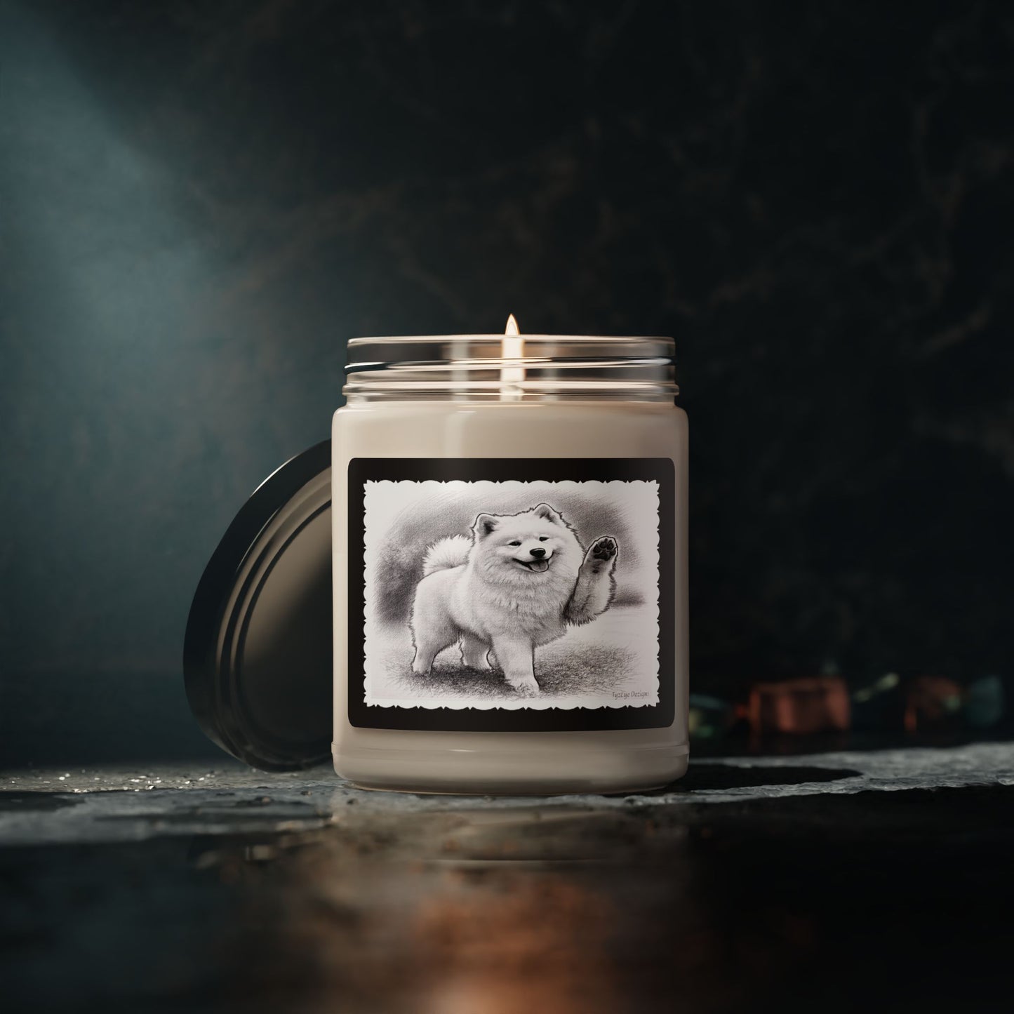 Fluffy Playful Samoyed Sketch Soy Candle — 9oz Scented Jar (Assorted Scents)