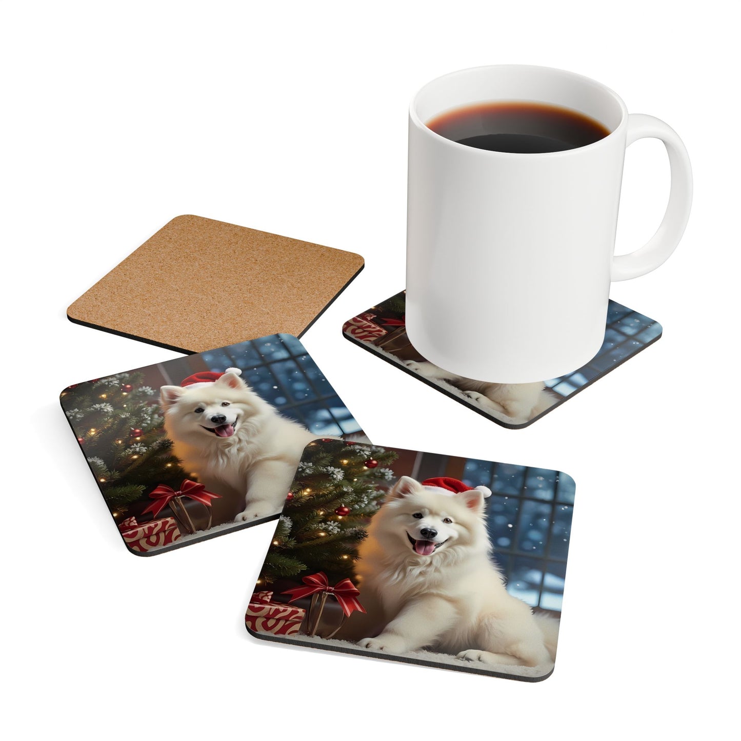 Festive Christmas Samoyed Dog Cork Drink Coaster Set (4 Piece)