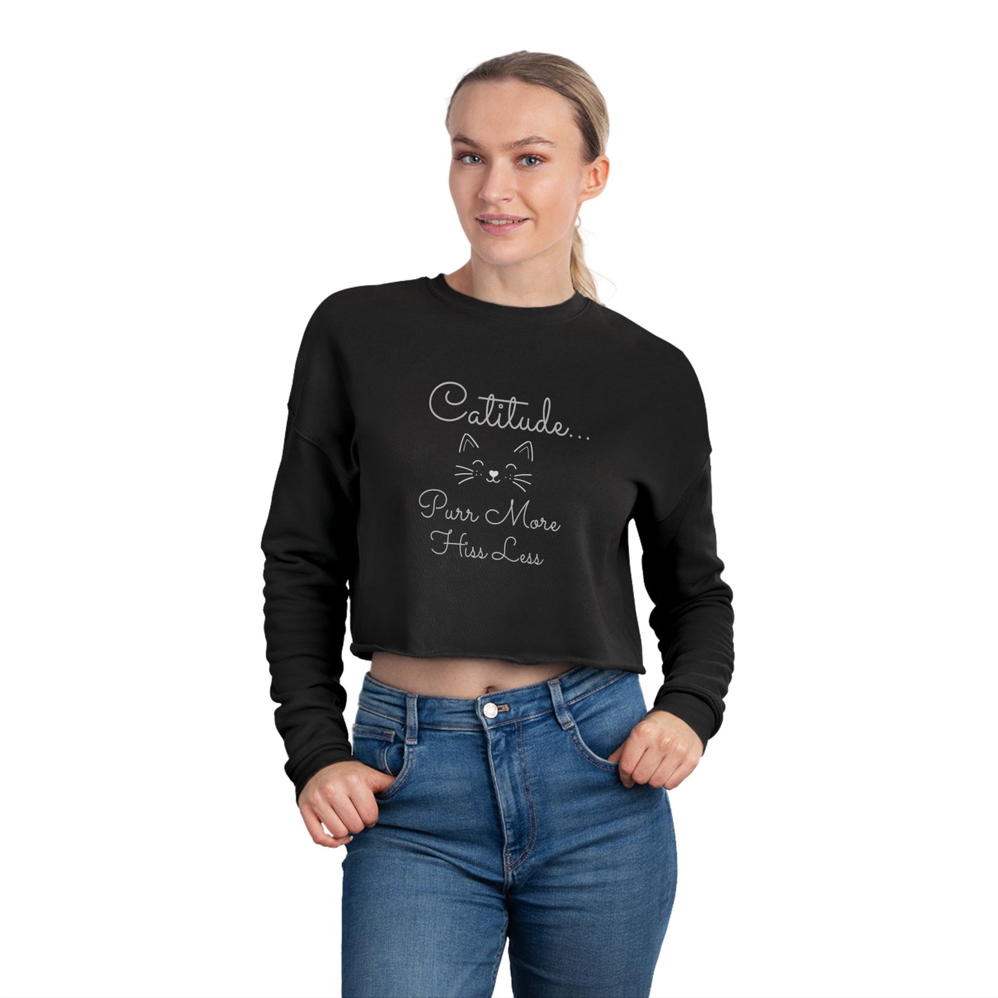 Women's 'Catitude' Cropped Double-Sided Sweatshirt – Cat Silhouette & 'Purr More Hiss Less' (Additional Colors)