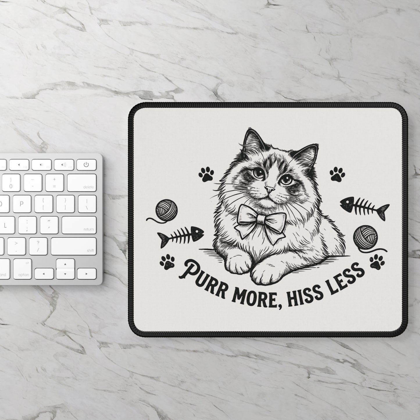 Cat Design Mouse Pad — “Purr More, Hiss Less” Cute Bow Tie Kitty Gaming/Desk Pad