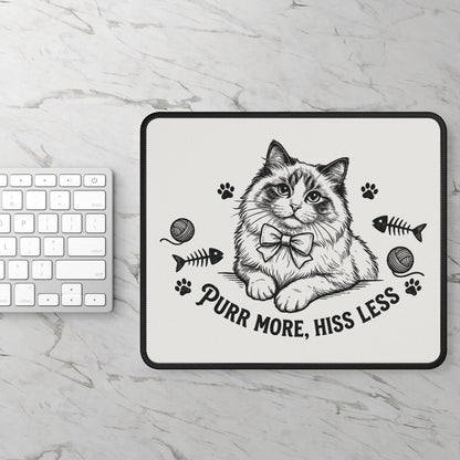 Cat Design Mouse Pad — “Purr More, Hiss Less” Cute Bow Tie Kitty Gaming/Desk Pad