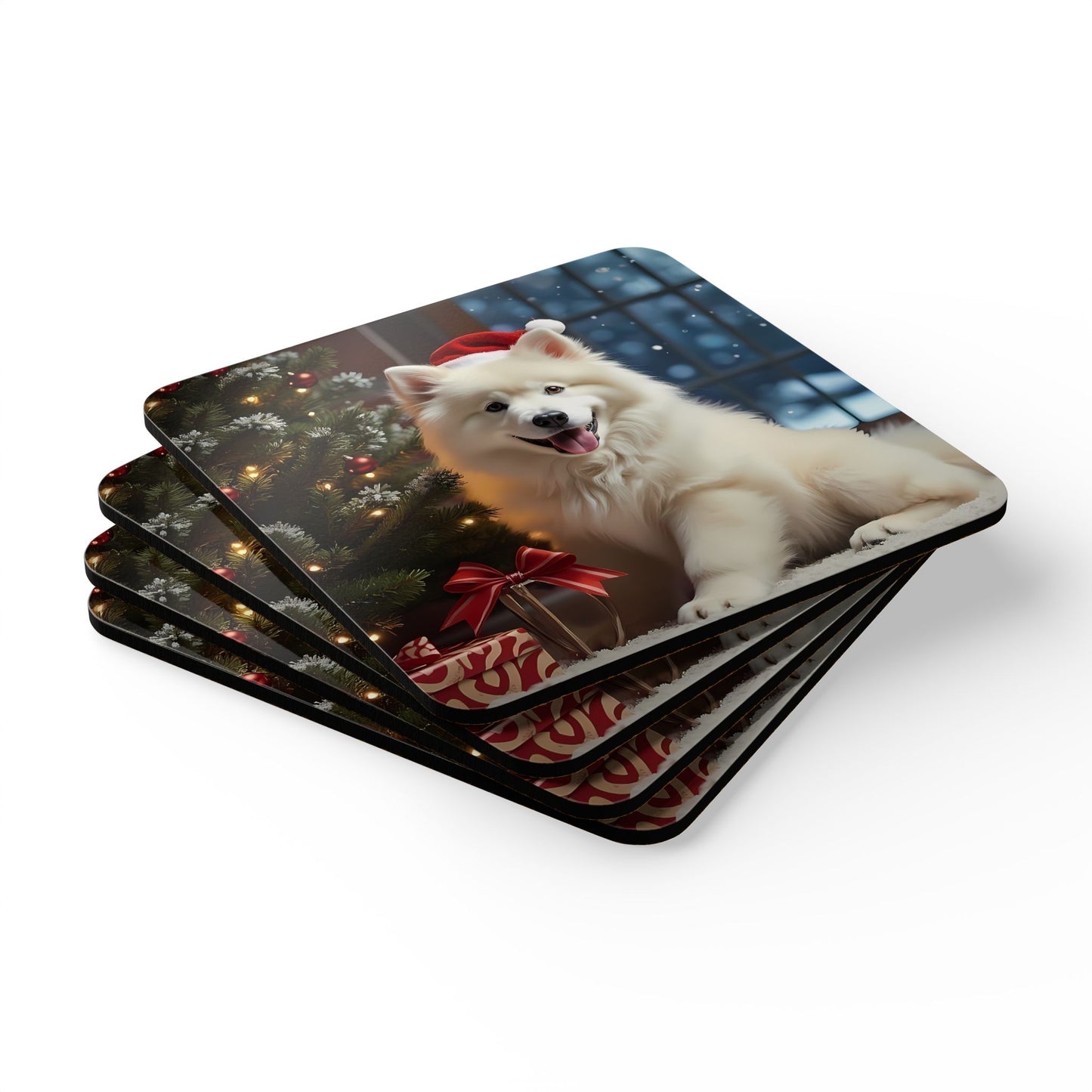 Festive Christmas Samoyed Dog Cork Drink Coaster Set (4 Piece)
