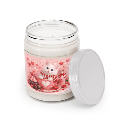Valentine White Pussycat Soy Candle Clear Jar, Romantic Theme with Cute Cat & Hearts, 9 oz (7.5 net oz, Assorted Scents)