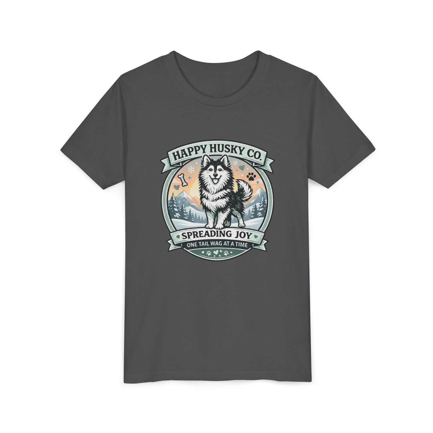 Youth Tee Happy Husky Co. 'Spreading Joy' Kids Short Sleeve Shirt - Husky Dog, Outdoor Badge Design (Additional Colors)