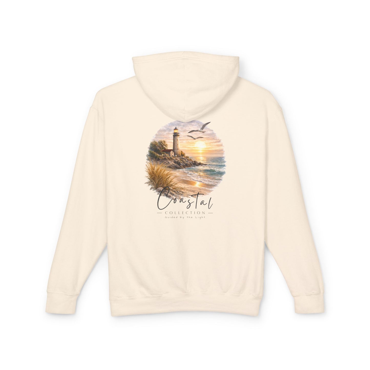 Unisex Adult Coastal Lighthouse Sunset Back Design Hoodie -  'Guided By The Light' Beach Graphic w/ Small Wave Front Logo Lightweight Hooded Sweatshirt (Additional Color)