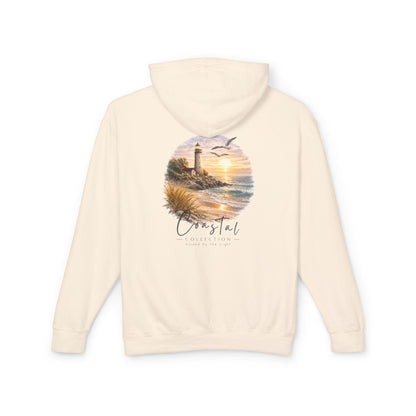 Unisex Adult Coastal Lighthouse Sunset Back Design Hoodie -  'Guided By The Light' Beach Graphic w/ Small Wave Front Logo Lightweight Hooded Sweatshirt (Additional Color)