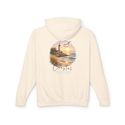 Unisex Adult Coastal Lighthouse Sunset Back Design Hoodie -  'Guided By The Light' Beach Graphic w/ Small Wave Front Logo Lightweight Hooded Sweatshirt (Additional Color)