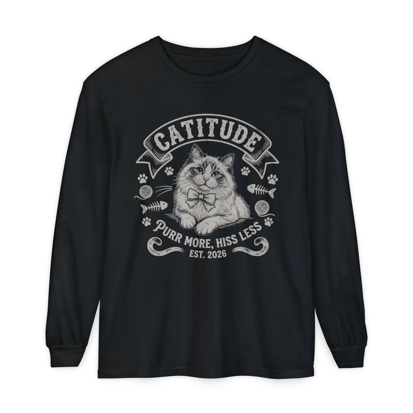 Unisex Catitude Design Long Sleeve Tee — 'Purr More, Hiss Less' Cat Lover Shirt (Additional Colors)