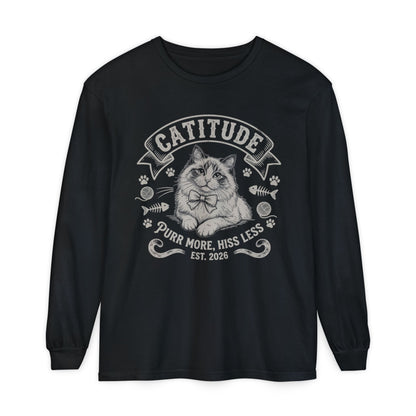 Unisex Catitude Design Long Sleeve Tee — 'Purr More, Hiss Less' Cat Lover Shirt (Additional Colors)