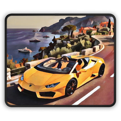 Yellow Supercar Scenic Drive Mouse Pad — Coastal Sports Car Gaming Desk Mat