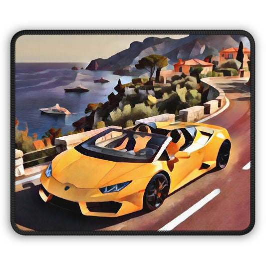 Yellow Supercar Scenic Drive Mouse Pad — Coastal Sports Car Gaming Desk Mat