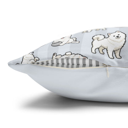 Double Sided Blue Design Samoyed Puppy With Bones, Hearts, and Paw Prints Pillowcase — Soft Striped Decorative Square Throw Pillow (Additional Sizes)