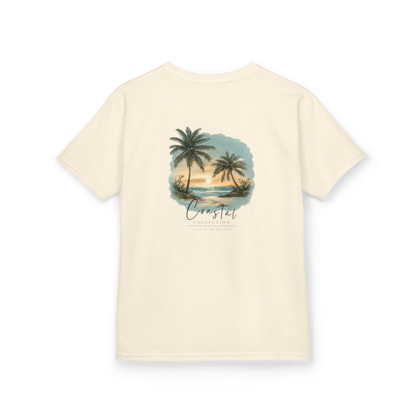 Kids Sunset Beach Scene II Back Design T-Shirt — Tropical Palm Tree 'Lost In the Horizon' Graphic w/ Logo Front (Additional Color)
