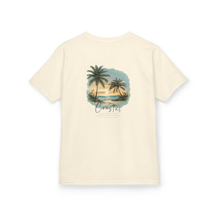 Kids Sunset Beach Scene II Back Design T-Shirt — Tropical Palm Tree 'Lost In the Horizon' Graphic w/ Logo Front (Additional Color)