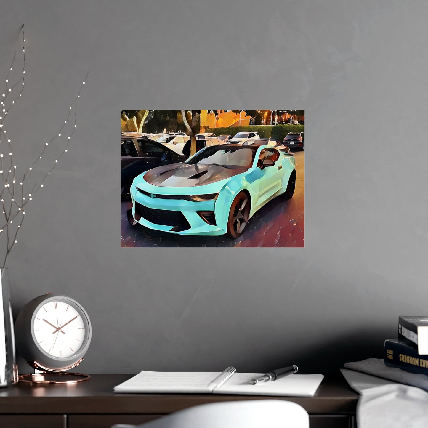 Artsy Aqua and Black Sportscar Theme Horizontal Matte Wall Art Print