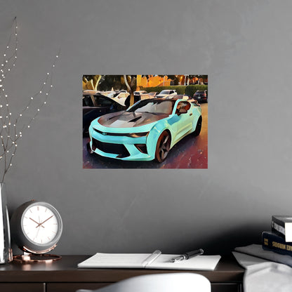 Artsy Aqua and Black Sportscar Theme Horizontal Matte Wall Art Print