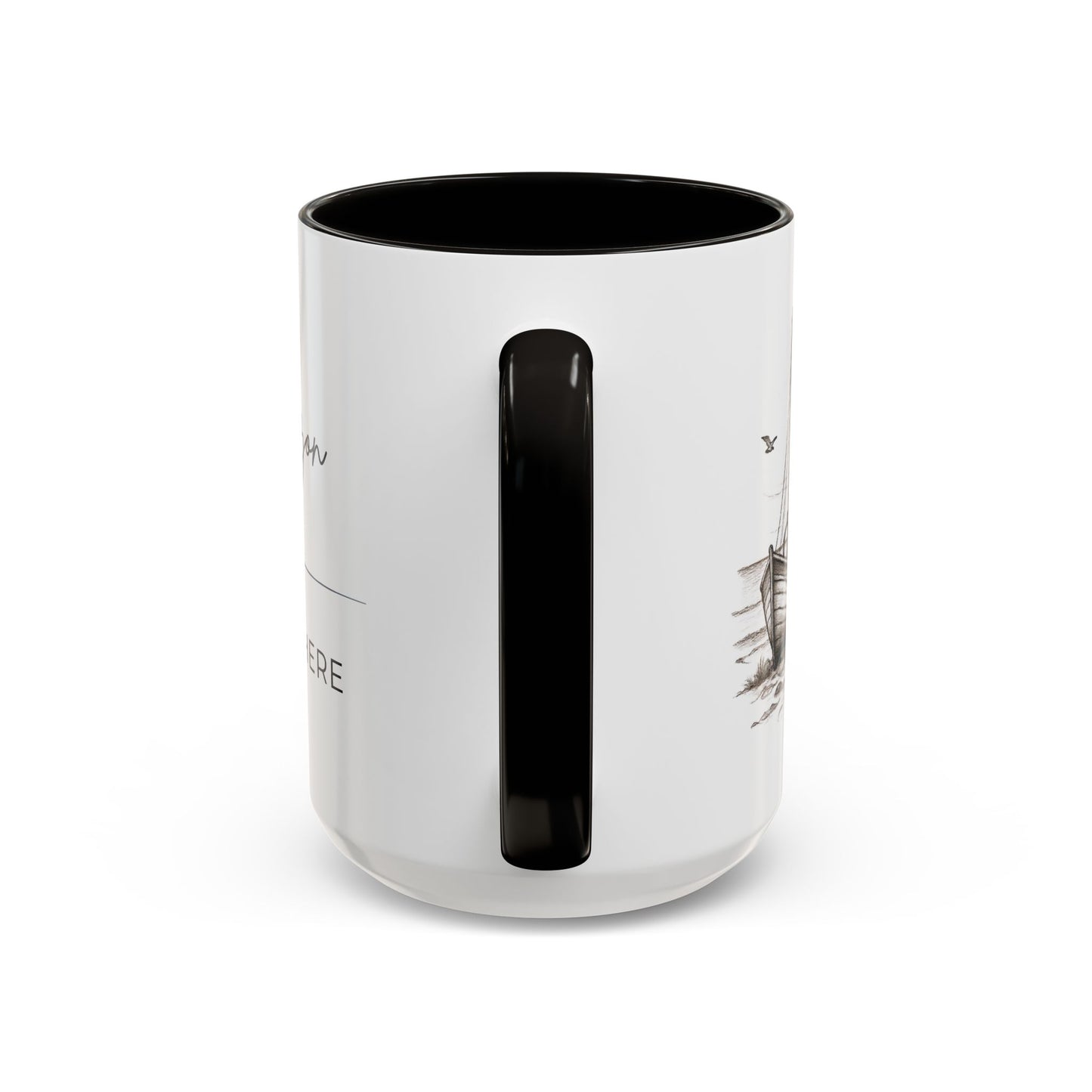 Sailboat, Beach & Horizon Nautical Design Coffee Mug — "The Horizon Is Always There" Coastal Ceramic Black Accent Mug (11oz, 15oz)