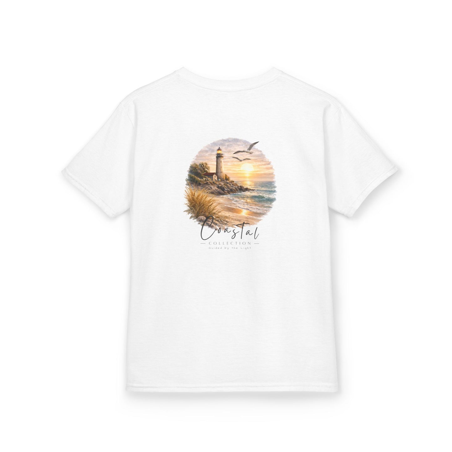 Kids Coastal Lighthouse Sunset Back Graphic Tee - 'Guided By the Light' w/ Front Wave Logo (Additional Color)