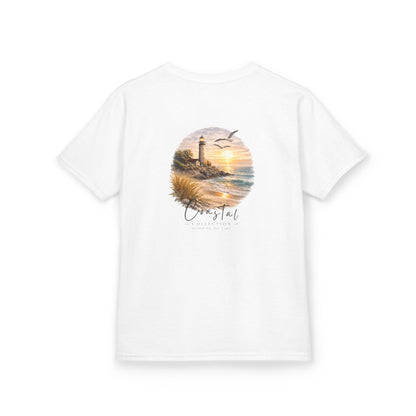 Kids Coastal Lighthouse Sunset Back Graphic Tee - 'Guided By the Light' w/ Front Wave Logo (Additional Color)
