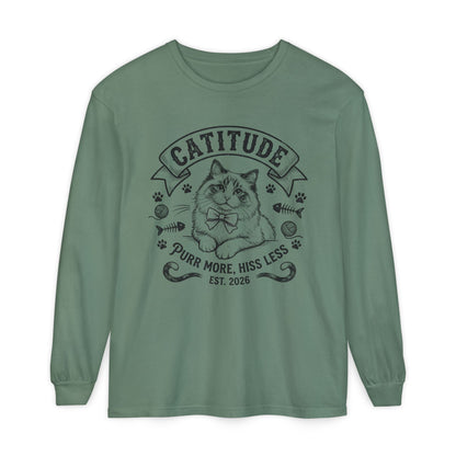 Unisex Catitude Design Long Sleeve Tee — 'Purr More, Hiss Less' Cat Lover Shirt (Additional Colors)